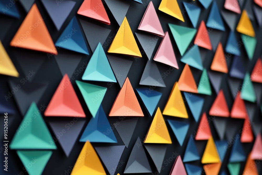 Close-up of colorful triangular shapes on wall