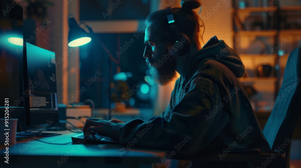 A focused individual wearing headphones and glasses works at a computer desk in a dimly lit, cozy home office. A focused individual wearing headphones and glasses works at a computer desk in a dimly lit, cozy home office.