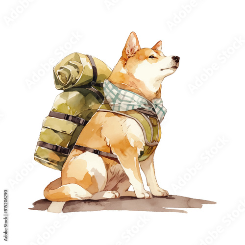 Travel with a dog concept vector illustration with dog sitting in front of suitcases Travelling with pets flat design image happy dog with bagpack watercolor