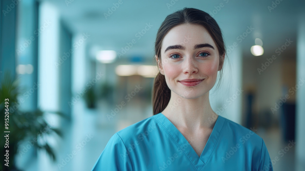 Portrait of a female nurse standing in a hospital corridor, copy room to advertise hospitality and good service. Portrait of a female nurse standing in a hospital corridor, copy room to advertise hospitality and good service.