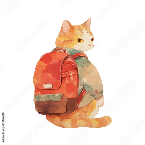 Travel with a cat concept vector illustration with cat sitting in front of suitcases Travelling with pets flat design image cute happy cat with bagpack watercolor