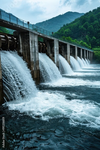 Powerful Water Flow from Dam with Lush Green Mountains in Background on a Cloudy Day