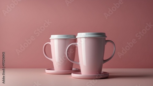 Two pink mugs with lids and saucers against pink background.