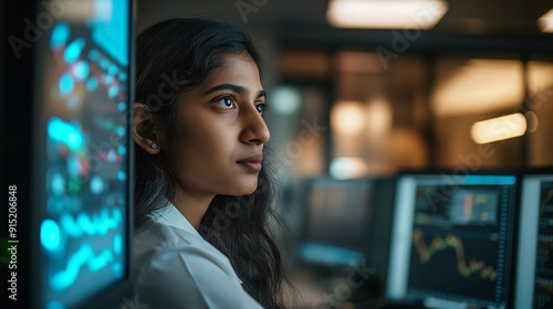 Focused Indian Businesswoman Reviewing Financial Charts on Monitors in Office