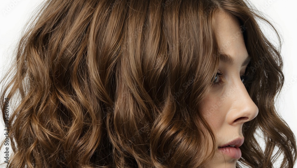 Close-up of curly, light brown hair against a white backdrop. Close-up of curly, light brown hair against a white backdrop.