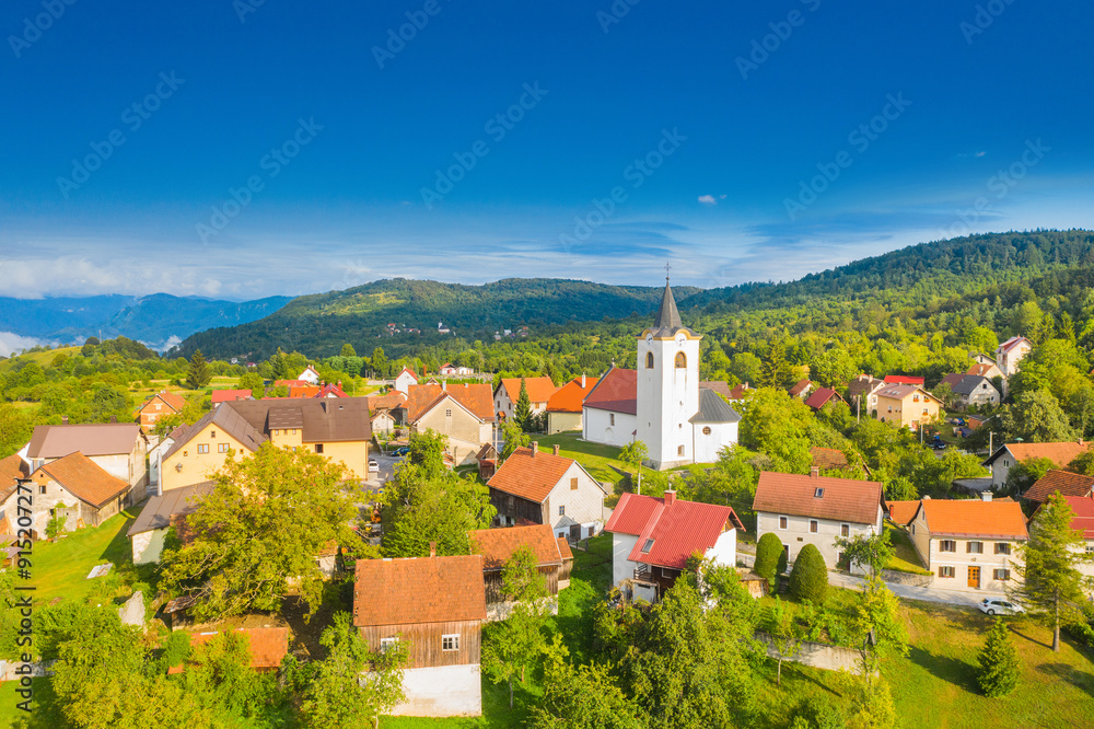 Town of Brod Moravice in Gorski kotar, Croatia, aerial view from drone