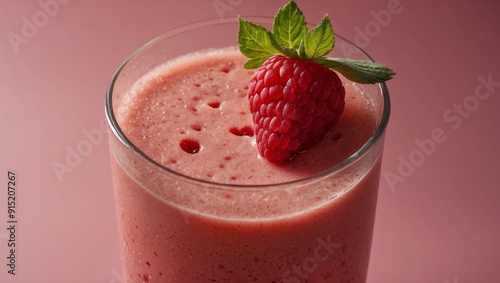 Raspberry smoothie in a glass with mint leaf garnish.