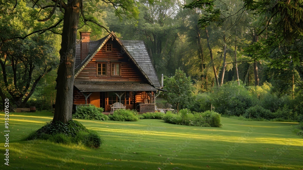 Cozy Wooden Cabin in a Lush Forest with Sunlight Filtering Through Trees and a Well-Maintained Lawn Cozy Wooden Cabin in a Lush Forest with Sunlight Filtering Through Trees and a Well-Maintained Lawn