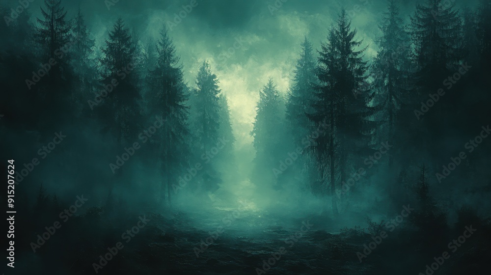 Fototapeta premium Enigmatic Panoramic View of Dark Forest with Spooky Glow - Mystical and Shadowy Landscape Full of Secrets