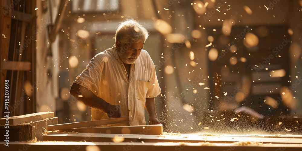 Obraz premium Skilled Carpenter Crafting Woodwork in Sunlit Workshop Surrounded by Sawdust