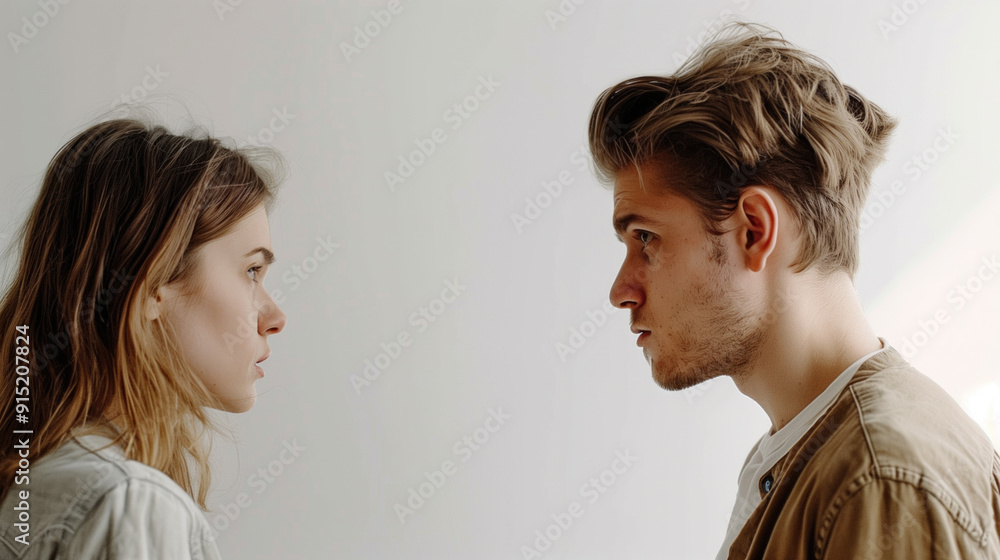 Young man and woman having a serious face-to-face conversation against a neutral background. Concepts of communication, conflict resolution, and relationships. Young man and woman having a serious face-to-face conversation against a neutral background. Concepts of communication, conflict resolution, and relationships.