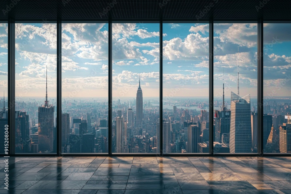 Fototapeta premium A window in a modern skyscraper office, with a bustling financial district below. 
