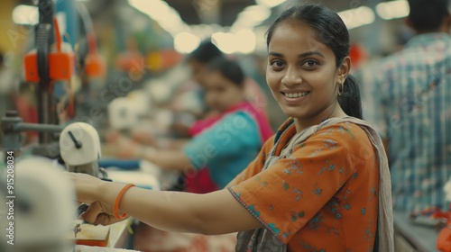 Confident Indian Female Worker Smiling in a Busy Textile Factory Setting photo