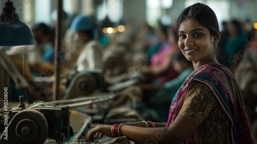 Confident Indian Female Worker Smiling in a Busy Textile Factory Setting