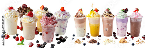 Set of aAssorted milkshake smoothies in cups with different flavors, isolated on transparent background. photo