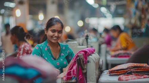 Smiling Indian Woman Working in a Textile Factory at Sewing Machine photo