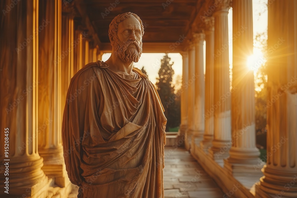 Naklejka premium ancient greek agora bustling with citizens socrates standing tall before stern judges sunlight filtering through marble columns casting dramatic shadows