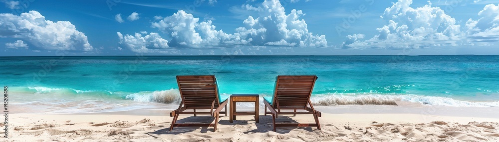 Idyllic Beach Scene with Two Wooden Lounge Chairs Facing Turquoise Ocean Under a Blue Sky with Fluffy White Clouds Idyllic Beach Scene with Two Wooden Lounge Chairs Facing Turquoise Ocean Under a Blue Sky with Fluffy White Clouds