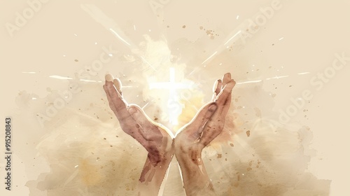 Light Beams Forming Cross with Hands, Biblical Illustration, Christian Unity and Faith, Beige Background, Copyspace