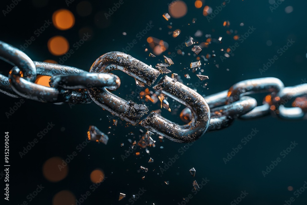 A close-up view of a breaking chain link, symbolizing strength and vulnerability in the face of tension and force. A close-up view of a breaking chain link, symbolizing strength and vulnerability in the face of tension and force.