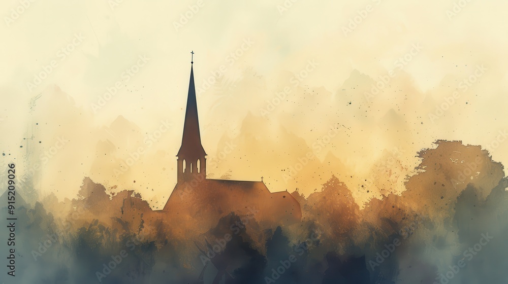 Obraz premium Faithful Christian Church Steeple Silhouetted at Dusk with Beige Background and Copyspace