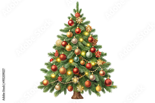 christmas tree decorated with ornaments garland vintage illustration isolated on a transparent background, generative ai