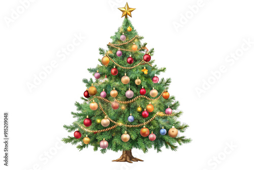 christmas tree decorated with ornaments garland vintage illustration isolated on a transparent background, generative ai