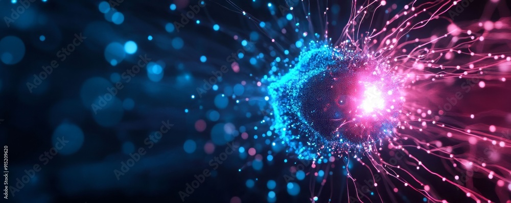 Fototapeta premium A vibrant abstract image featuring energetic blue and pink waves, representing movement and technology in a digital universe.