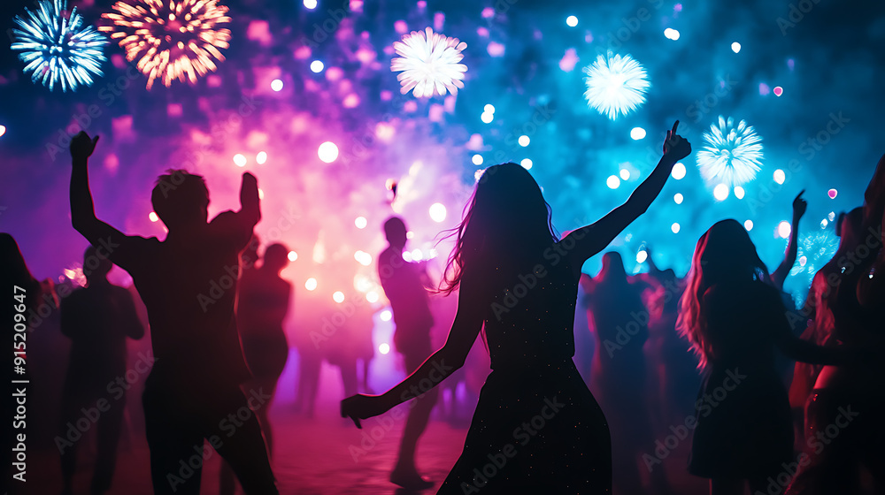 Silhouette of people dancing against a backdrop of vibrant fireworks in the night sky Silhouette of people dancing against a backdrop of vibrant fireworks in the night sky