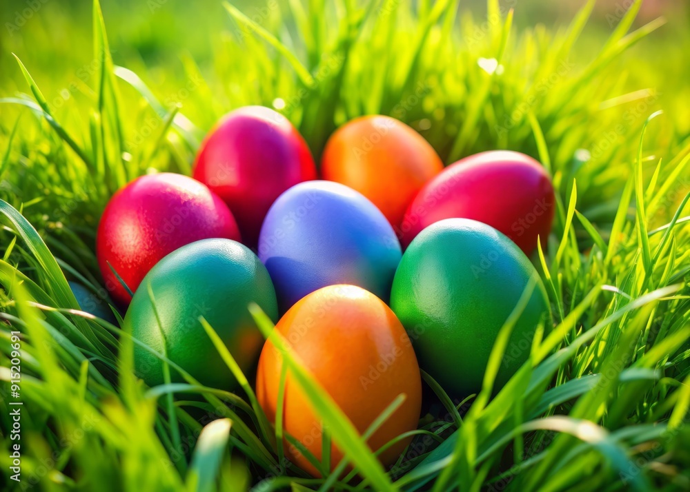 Vibrant colored eggs nestled in lush green grass, symbolizing Easter celebrations and spring renewal, perfect for traditional holiday festivities. Vibrant colored eggs nestled in lush green grass, symbolizing Easter celebrations and spring renewal, perfect for traditional holiday festivities.