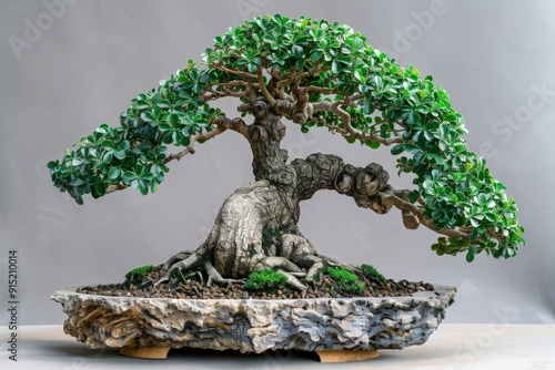 A Bonsai showing the unique formr, displayed on a plain background photo