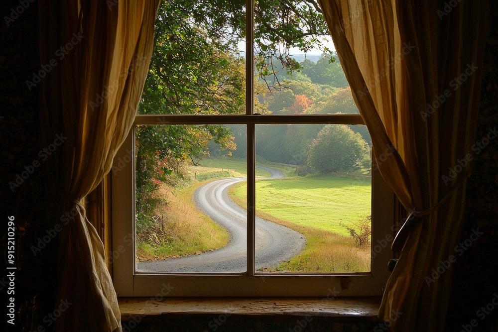 A window in a peaceful countryside inn, offering a view of a winding country road. A window in a peaceful countryside inn, offering a view of a winding country road.