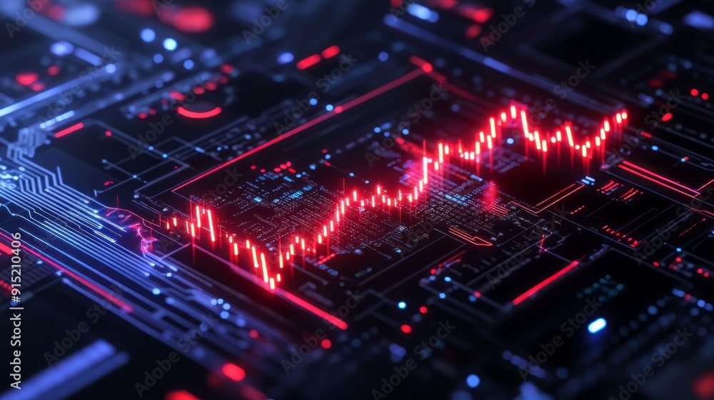 Dynamic visualization of data trends on a futuristic circuit board background, highlighting technological advancements and analytics. Dynamic visualization of data trends on a futuristic circuit board background, highlighting technological advancements and analytics.