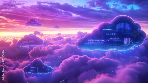 Digital clouds representing cloud infrastructure and data storage in a futuristic landscape. photo