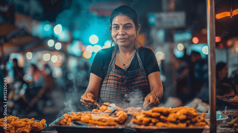 Indian Street Food Vendor Smiling While Cooking Traditional Snacks at Night Market Indian Street Food Vendor Smiling While Cooking Traditional Snacks at Night Market