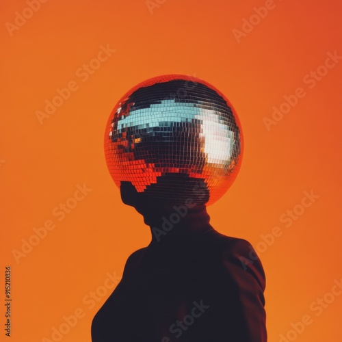 Vibrant Disco Ball Headpiece against an Energetic Orange Background, Evoking a Surreal and Playful Vibe with Retro Party Ambiance