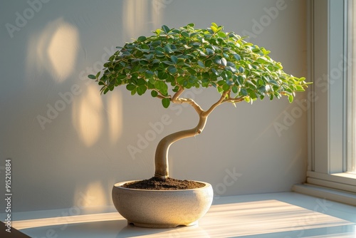 A Bonsai showing the unique formr, displayed on a plain background photo