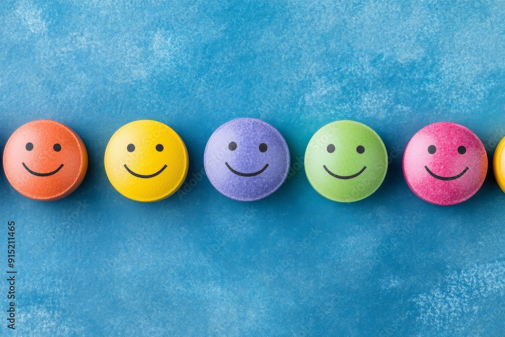 Row of Colorful Smileys on a Textured Blue Background Symbolizing Positivity and Diversity in Healthcare Row of Colorful Smileys on a Textured Blue Background Symbolizing Positivity and Diversity in Healthcare