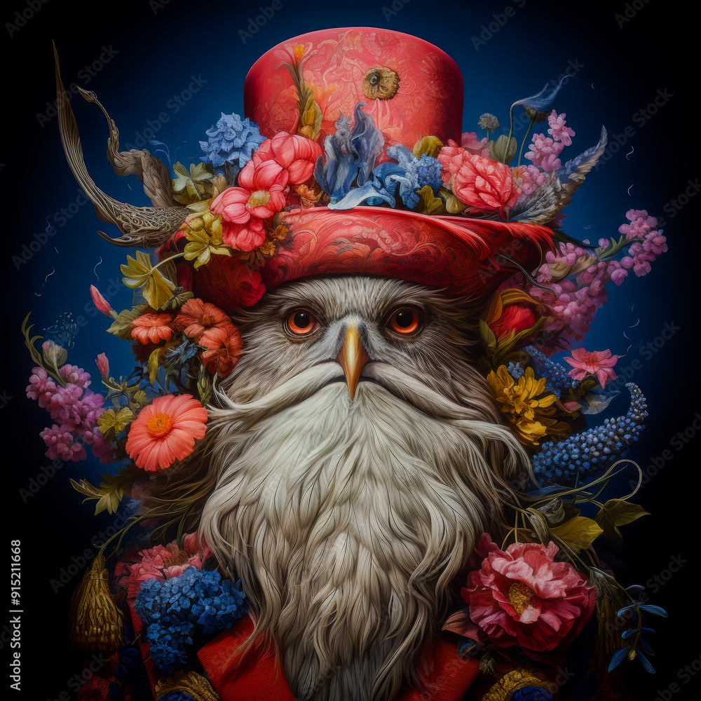 Fototapeta premium Fantasy illustration of an owl dressed in a vibrant floral top hat and ornate costume blending nature with whimsy in a surreal and detailed artwork