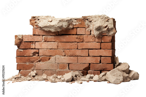 A Crumbling Brick Wall Surrounded by Dust and Debris in an Urban Setting on Transparent PNG Background. photo