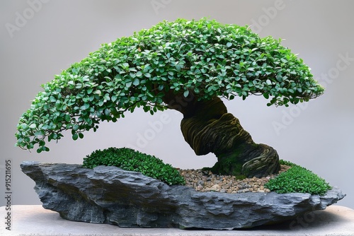 A Bonsai showing the unique formr, displayed on a plain background photo