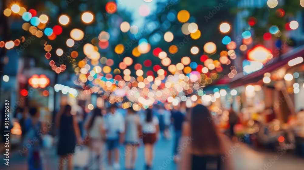 A blurred image of a city street at night, with string lights illuminating the walkway. People are walking through the street, and there are stores and shops along the edges. The lights create a festi A blurred image of a city street at night, with string lights illuminating the walkway. People are walking through the street, and there are stores and shops along the edges. The lights create a festi
