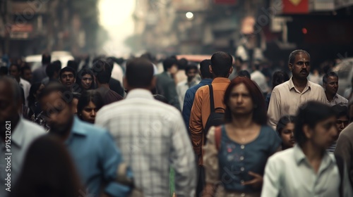 Crowded Indian City Street with People Walking Through a Busy Urban Area