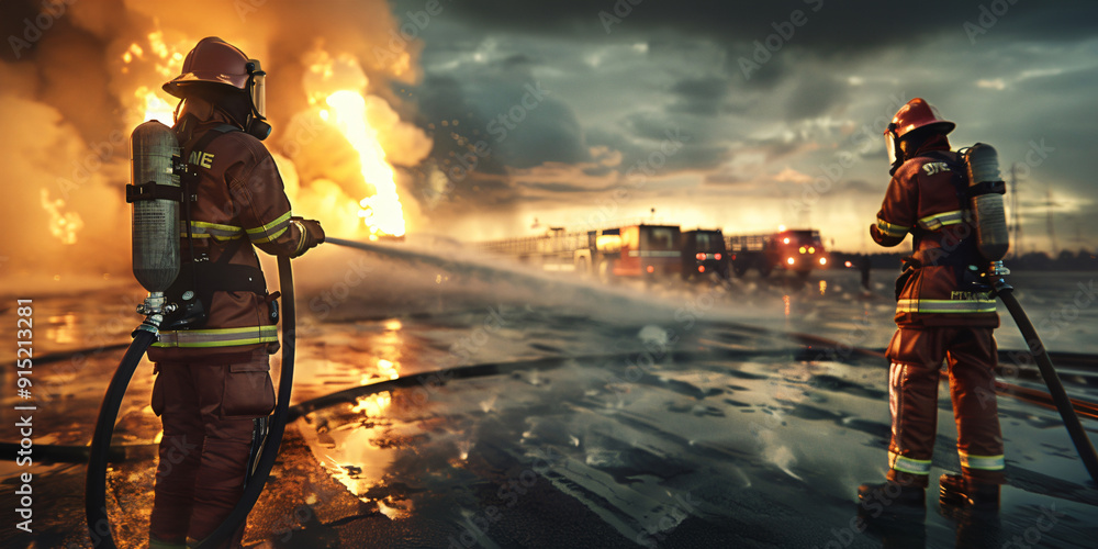 Two firefighters in full gear are bravely battling a large fire, demonstrating their skill and courage in extinguishing the flames with a powerful water hose. Two firefighters in full gear are bravely battling a large fire, demonstrating their skill and courage in extinguishing the flames with a powerful water hose.