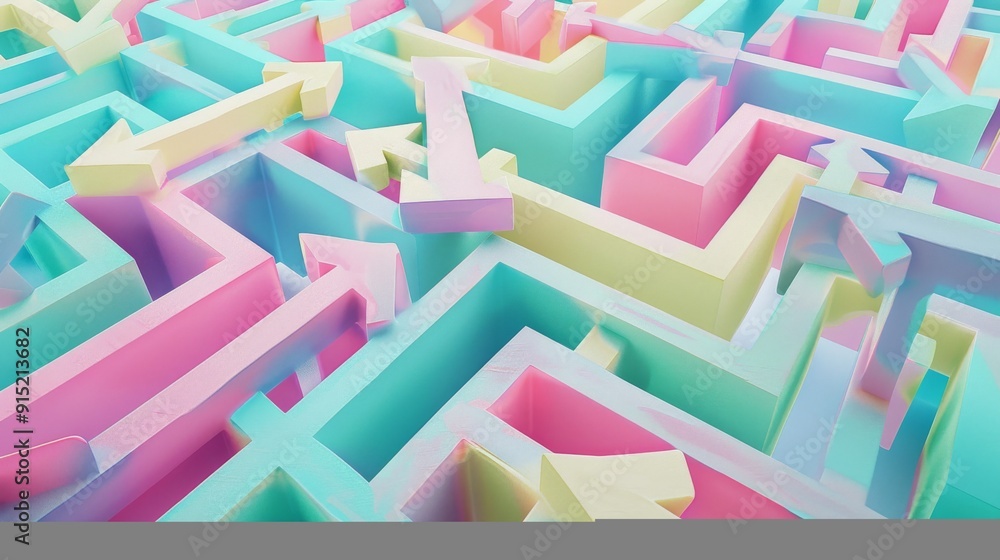 Naklejka premium Aerial view of a vibrant pastel-colored maze with arrows pointing in various directions, creating an intriguing and colorful puzzle.