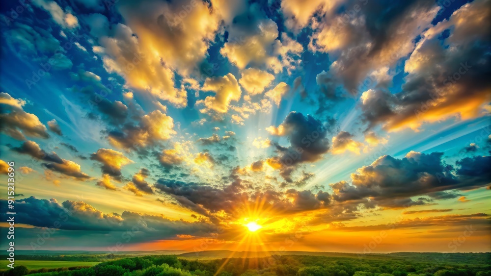 Obraz premium Serenely vibrant morning sky features a prominent sun amidst a harmonious blend of greenish blue and orange hues with fluffy clouds.