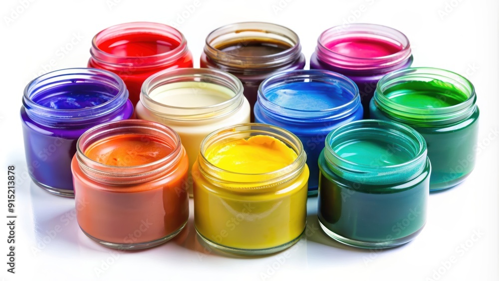 Vibrant Paint Colors in Jars on White Background: Artistic Supplies Display Vibrant Paint Colors in Jars on White Background: Artistic Supplies Display