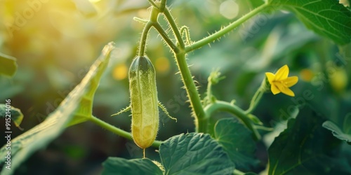 Young cucumber plant with fruit blossom leaves and stem photo