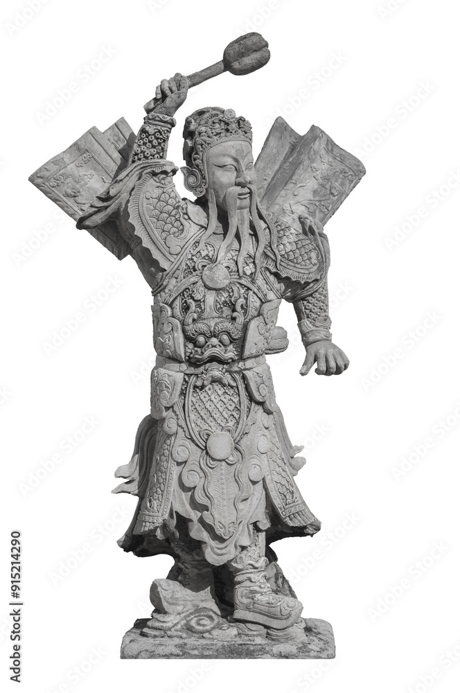 Fototapeta premium Chinese warrior stone sculpture isolated on white background. Public domain sculpture at Wat Pho, Thailand, Made by Chinese craftsman during 1824-1851.