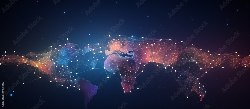 Fototapeta premium Global Tech Fusion Where Innovation Meets Connectivity. World map of network communication background.